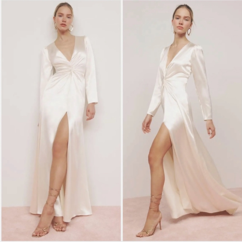 Reformation DELPHI Ivory Satin Long Sleeve V-Neck Wedding Dress with Thigh Slit